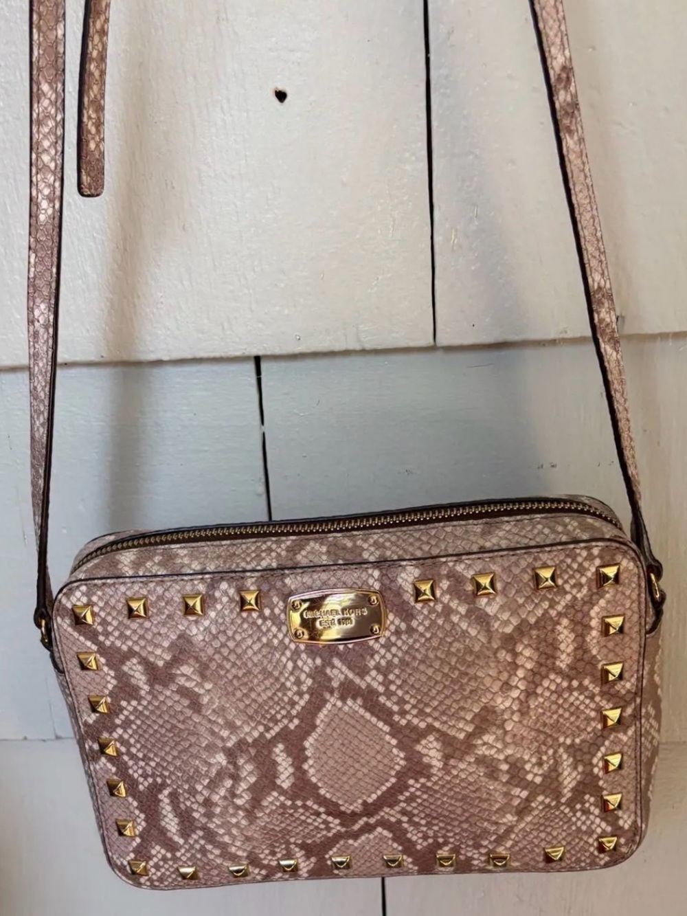 Michael kors Snake-Print Crossbody Bag with Gold Studs - Taupe